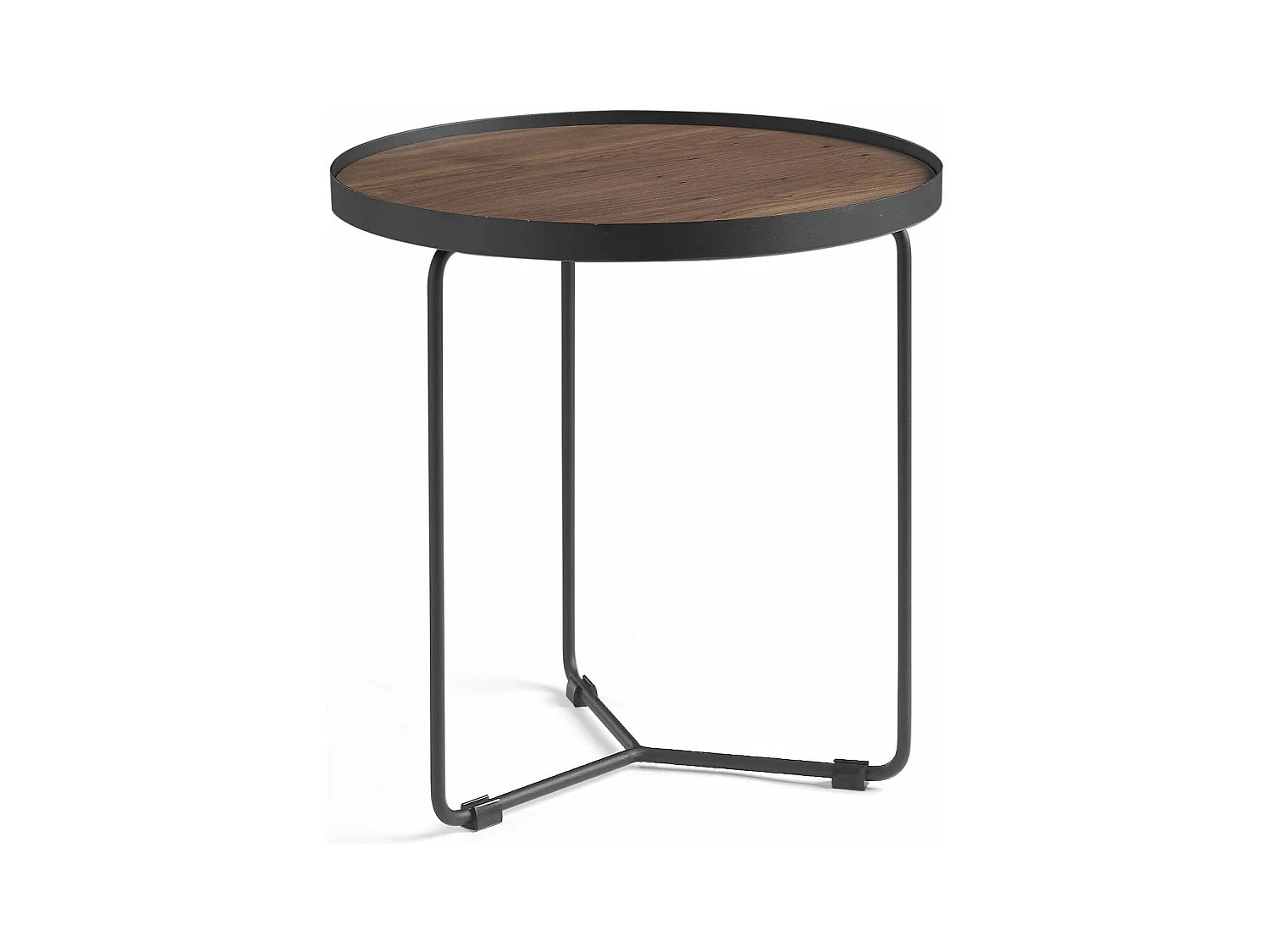 Ronde bijzettafel van walnoot gefineerd hout en zwart metaal Noka