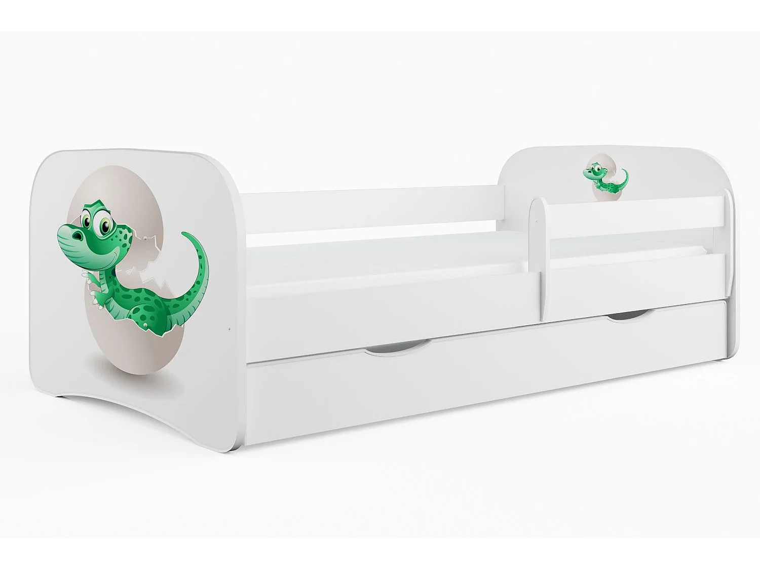 Lit enfant petit dinosaure avec sommiers et barrière de sécurité amovible Drimy-Matelas mousse-80x180-Tiroirs Avec tiroir