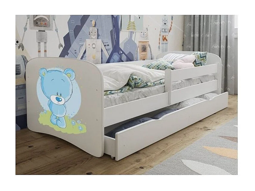 Lit enfant nounours avec sommiers et barrière de sécurité amovible Drimy-Matelas mousse-80x160