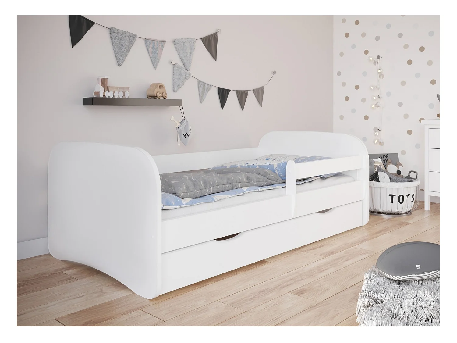 Lit enfant blanc avec sommiers et barrière de sécurité amovible Drimy-80x160-Tiroirs Avec tiroir