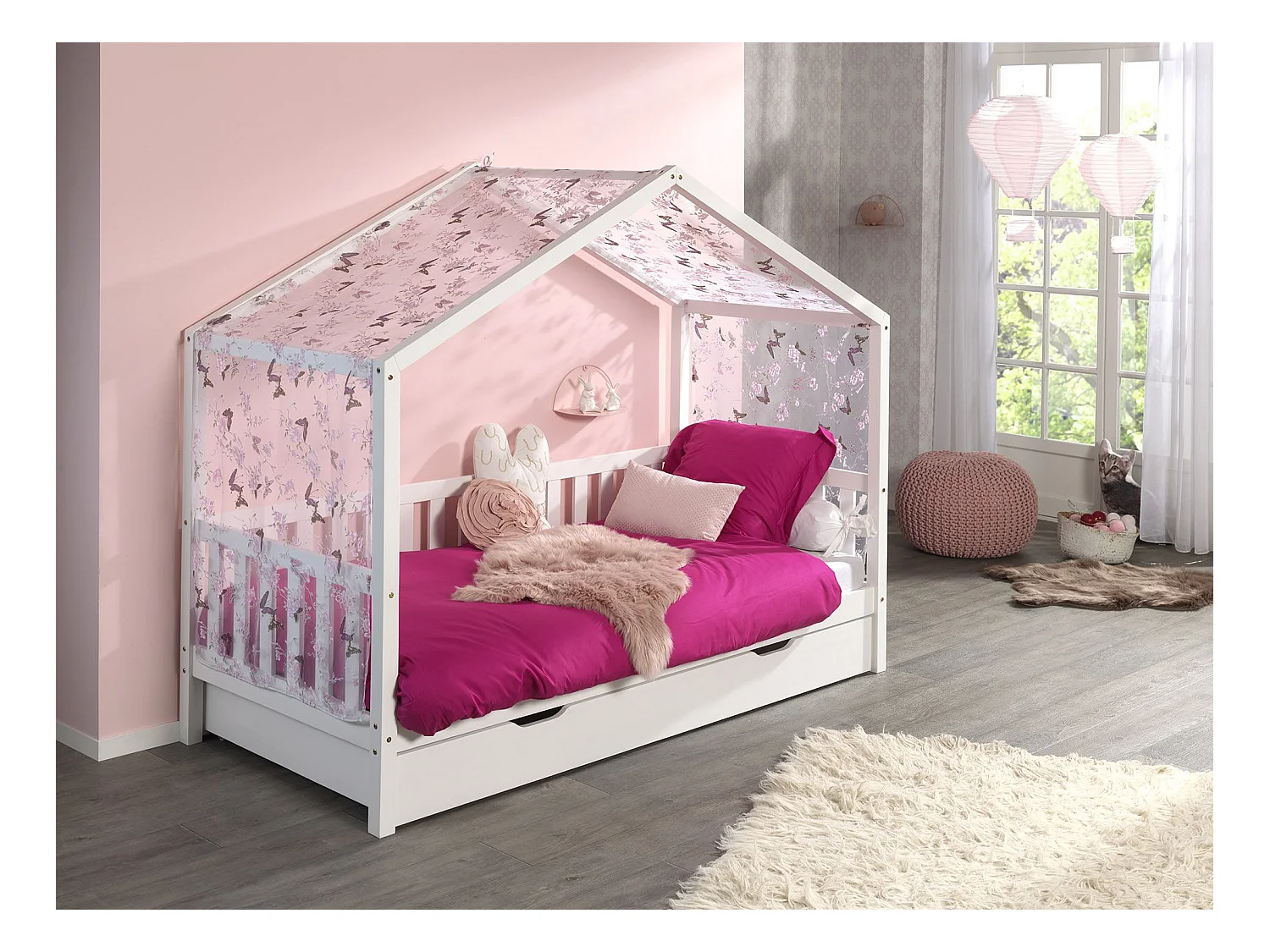 Pack - Lit Enfant, Barrière, Tiroir & Voile "Dallas II" 90x200cm Blanc