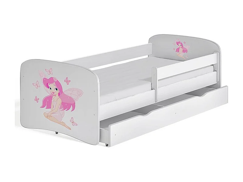 Lit enfant blanc fée avec papillons avec sommiers et barrière de sécurité amovible Drimy-Matelas mousse-80x160