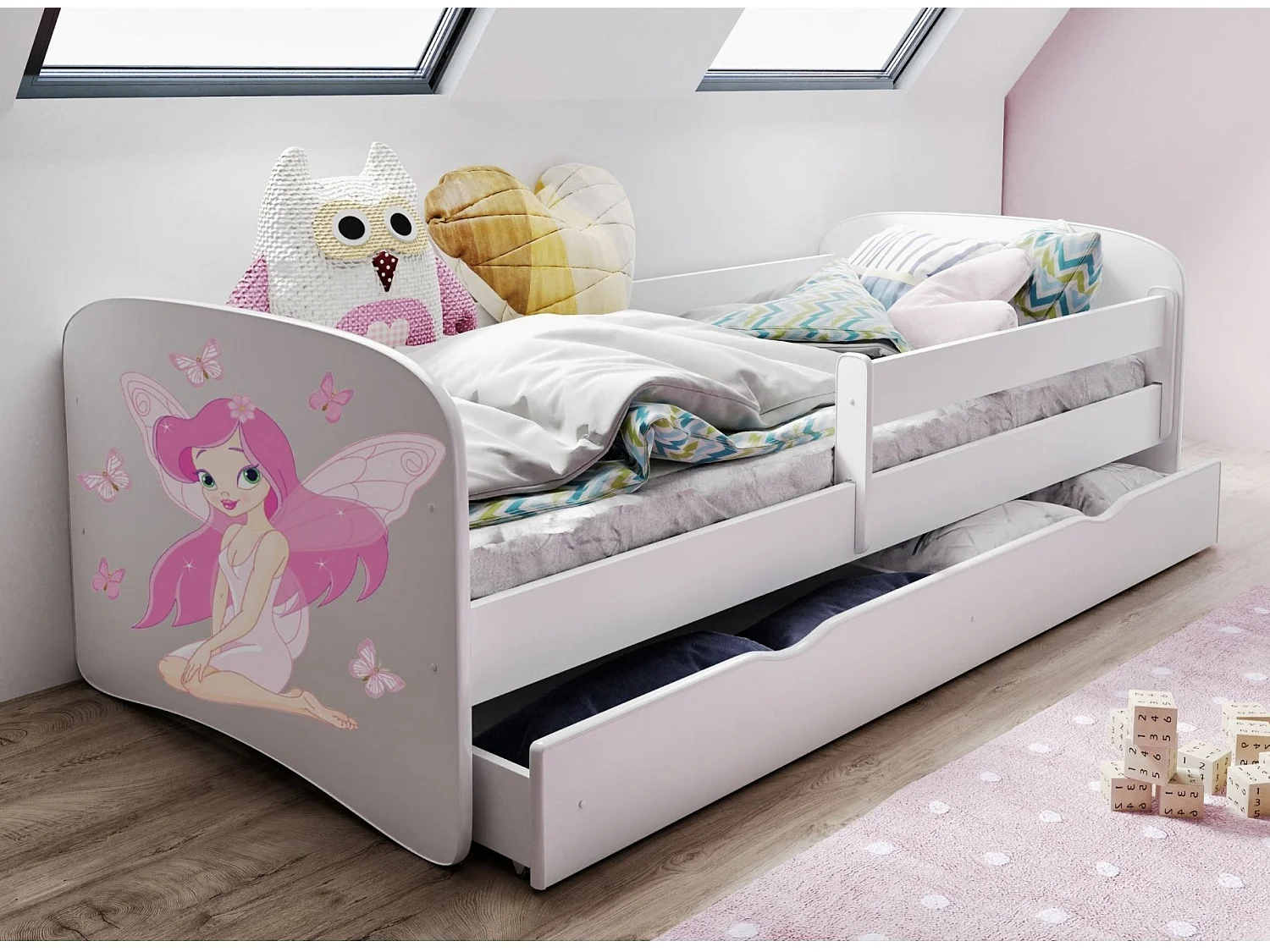 Lit enfant blanc fée avec papillons avec sommiers et barrière de sécurité amovible Drimy-Matelas mousse-80x160