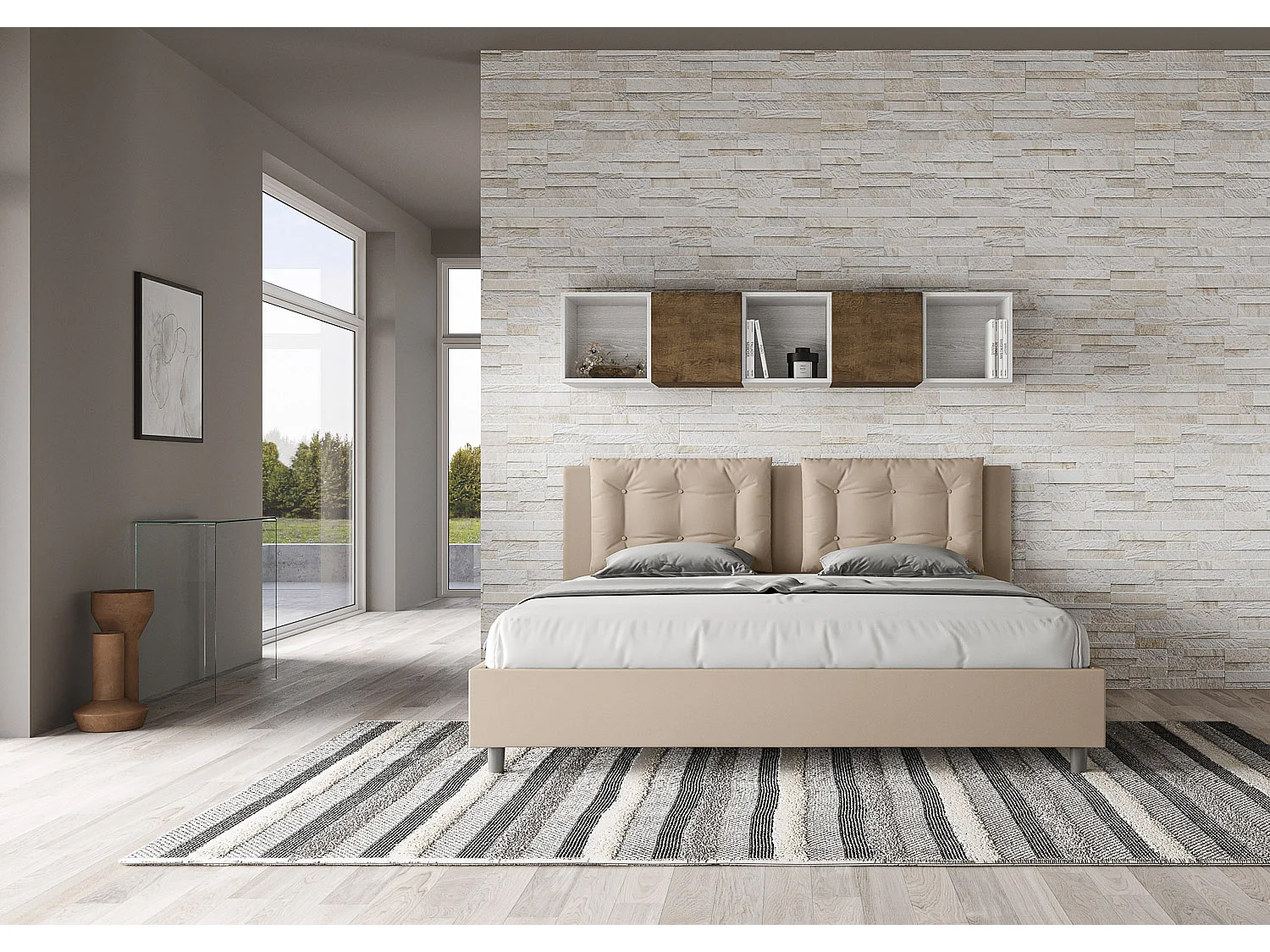 Cama de casal super king size sem estrado estofada 200x200 pele sintética tortora Annalisa