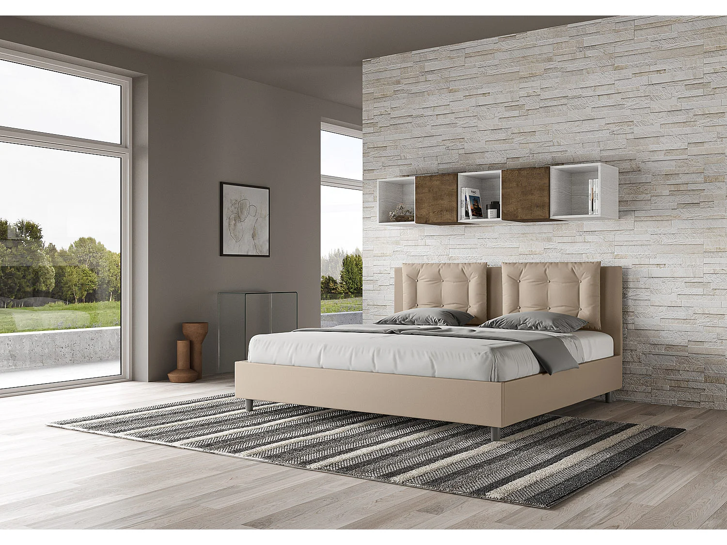 Cama de casal super king size sem estrado estofada 200x200 pele sintética tortora Annalisa