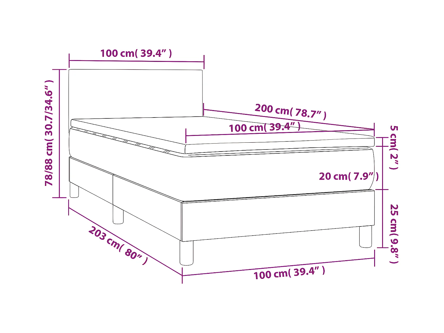 Lit à sommier tapissier matelas et LED Gris foncé 100x200 Velours