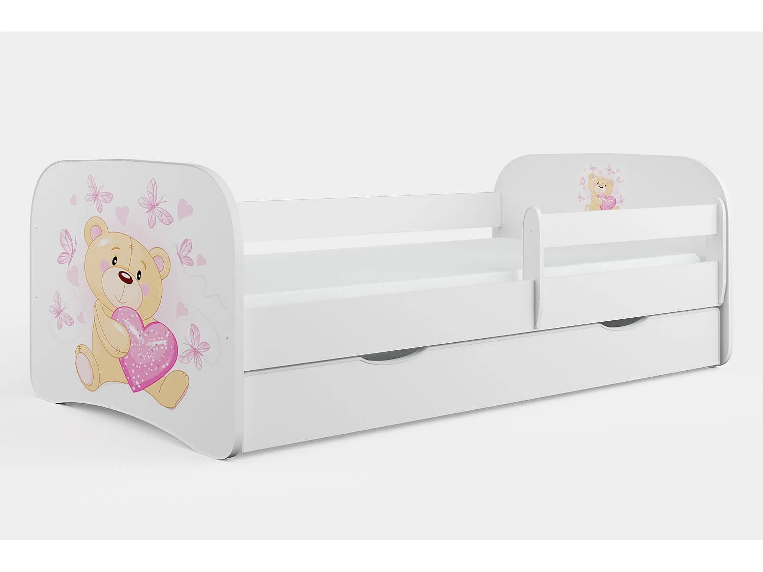 Lit enfant papillons avec sommiers et barrière de sécurité amovible Drimy-Matelas mousse-80x160-Tiroirs Avec tiroir