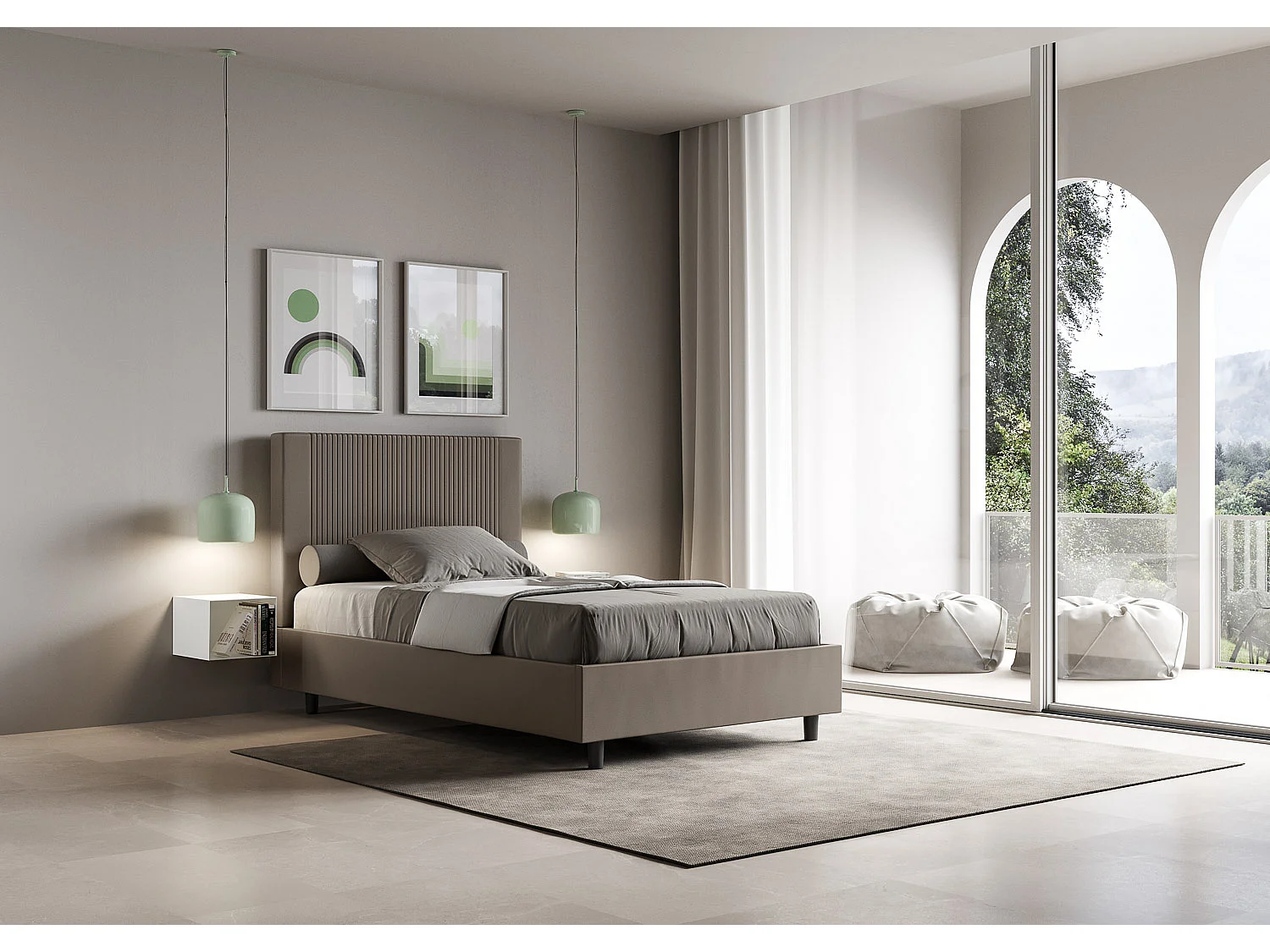 Cama dupla estofada 160x200 em microfibra de glicínias Nandy