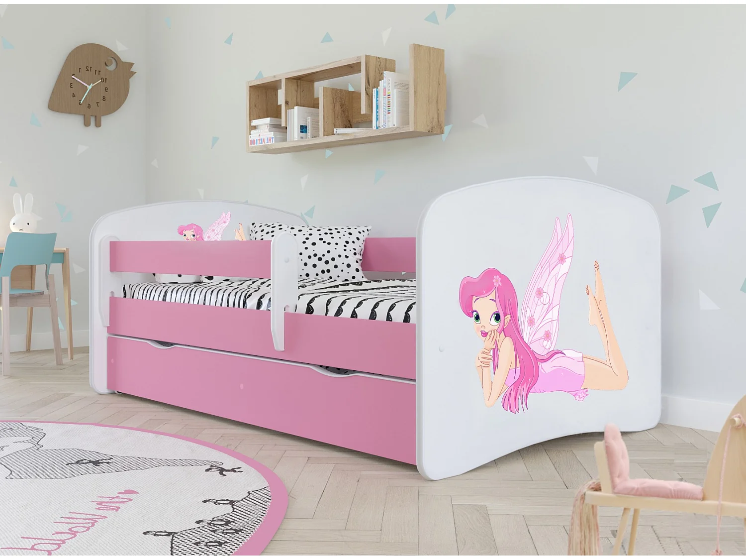 Lit enfant rose petite fée avec sommiers et barrière de sécurité amovible Drimy-80x180-Tiroirs Avec tiroir