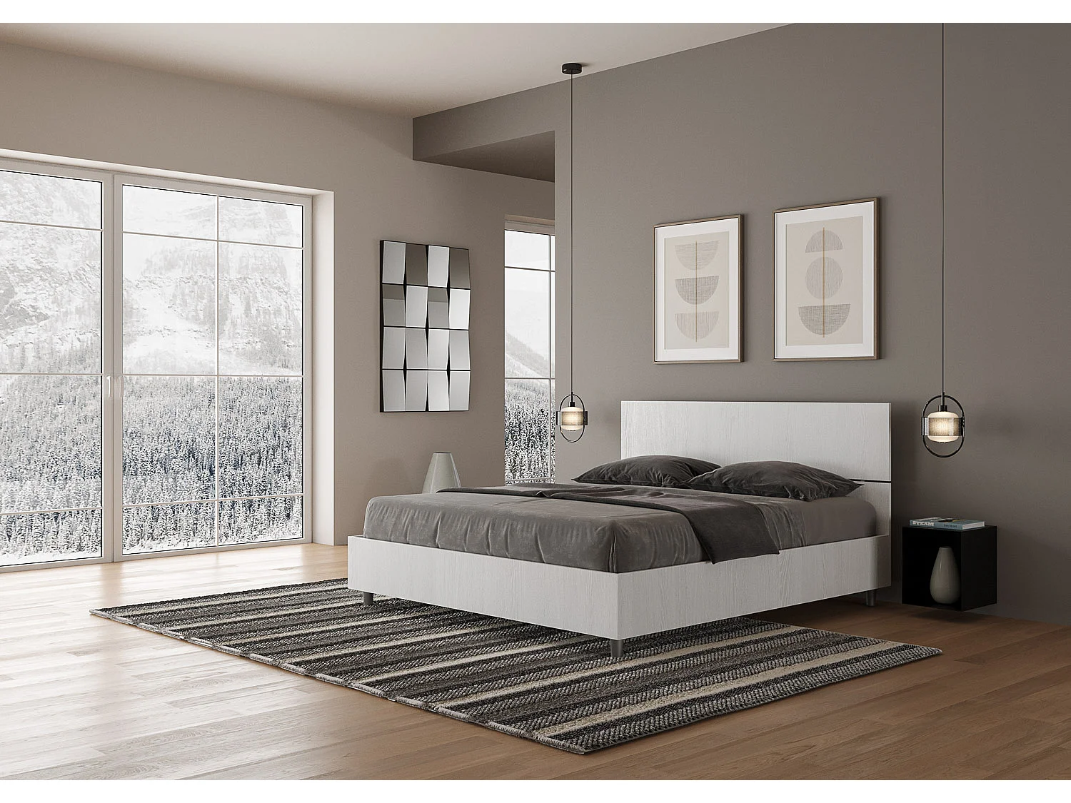 Renoma houten bed met schuin hoofdbord-Kleur Wit-Slapen 160x200cm-Versie met boxspring