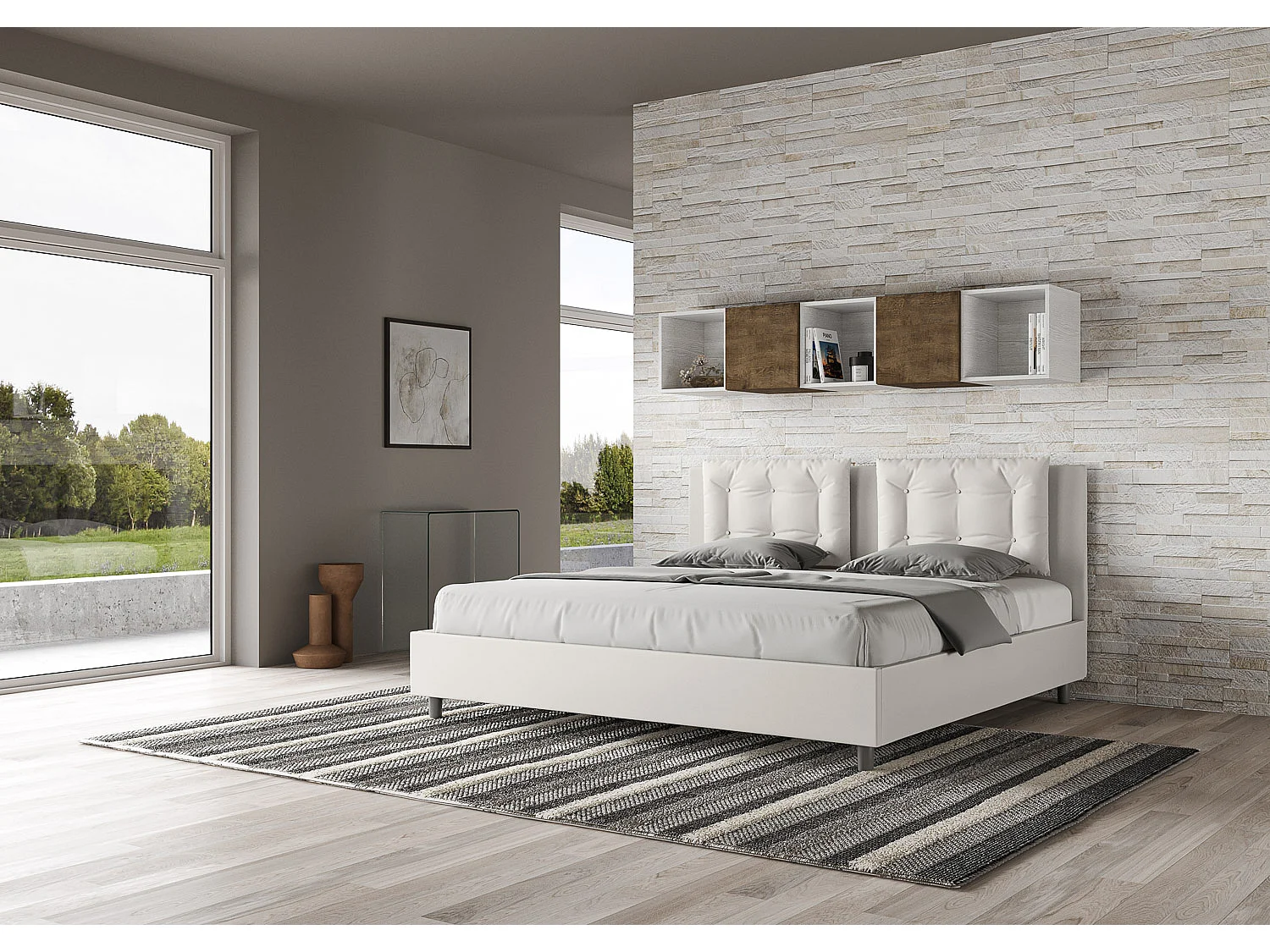 Lit king size avec sommier rembourré 200x200 similicuir blanc Annalisa