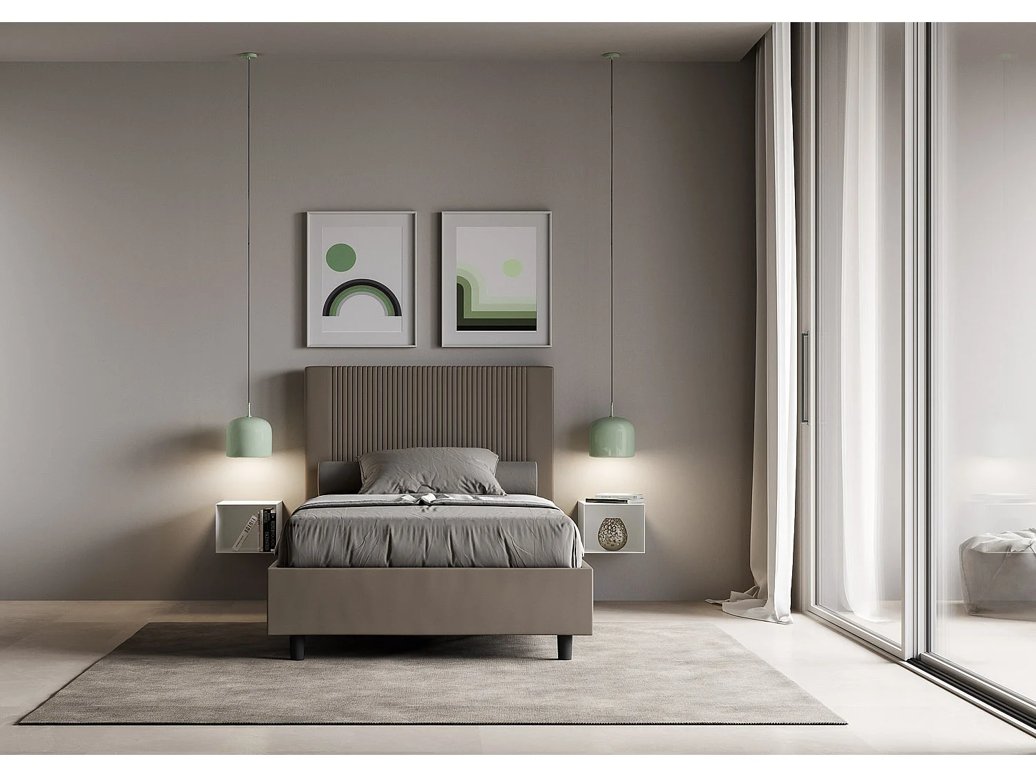 Lit moderne avec tête de lit rayures verticales matelassé simili cuir Bazen-Couleur Marron-90x190