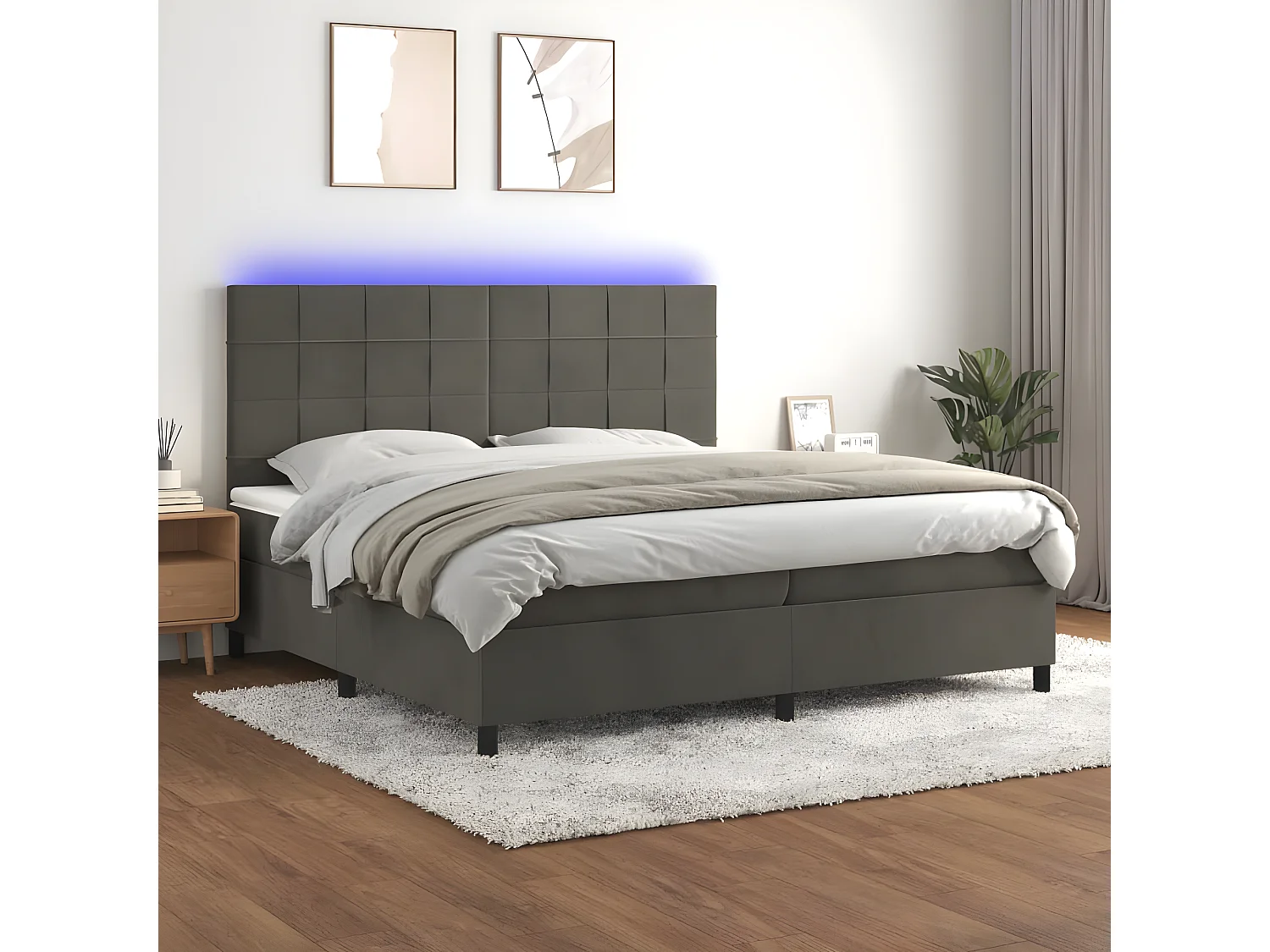 Lit à sommier tapissier matelas et LED Gris foncé 200x200 Velours