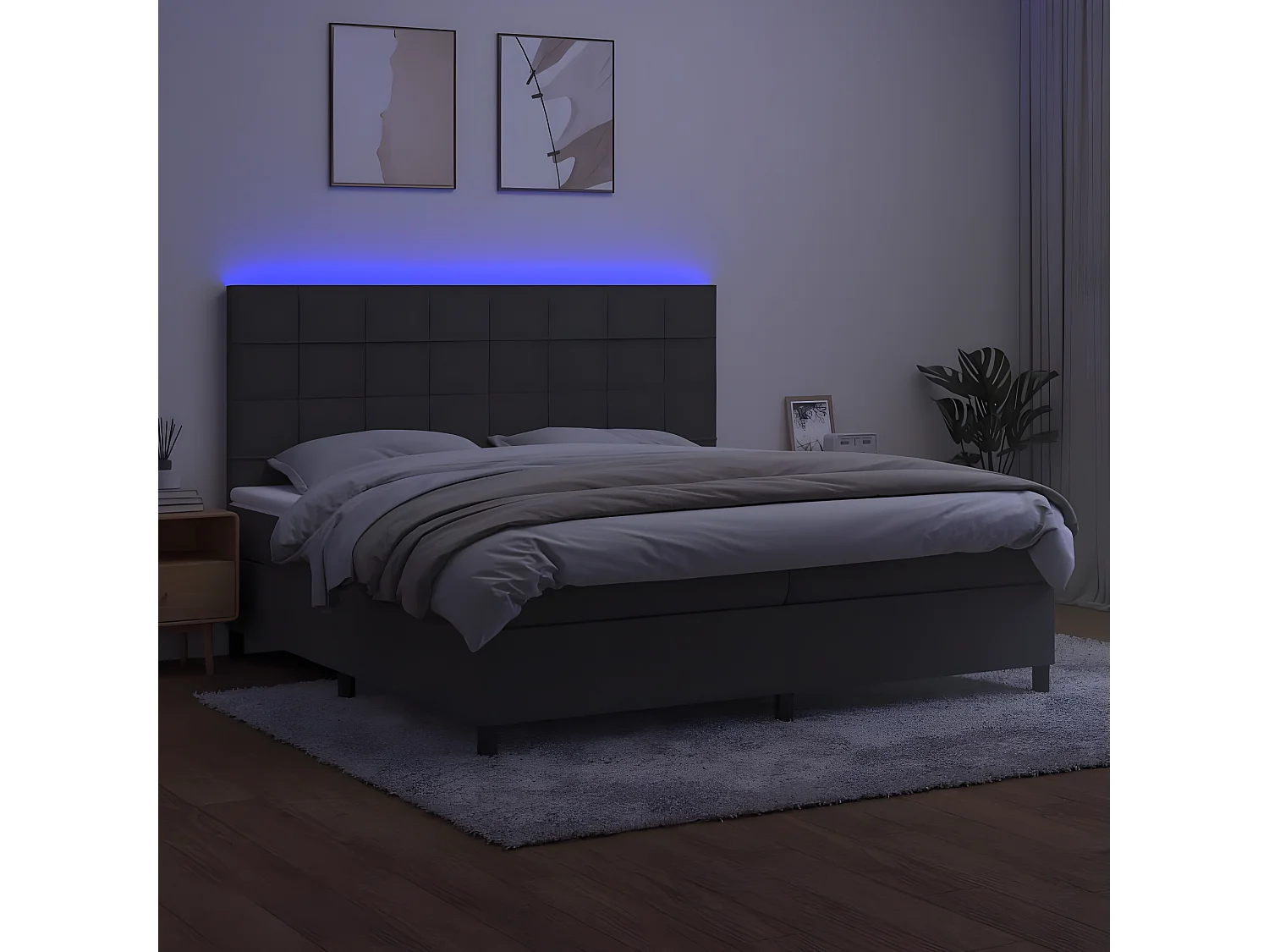 Lit à sommier tapissier matelas et LED Gris foncé 200x200 Velours
