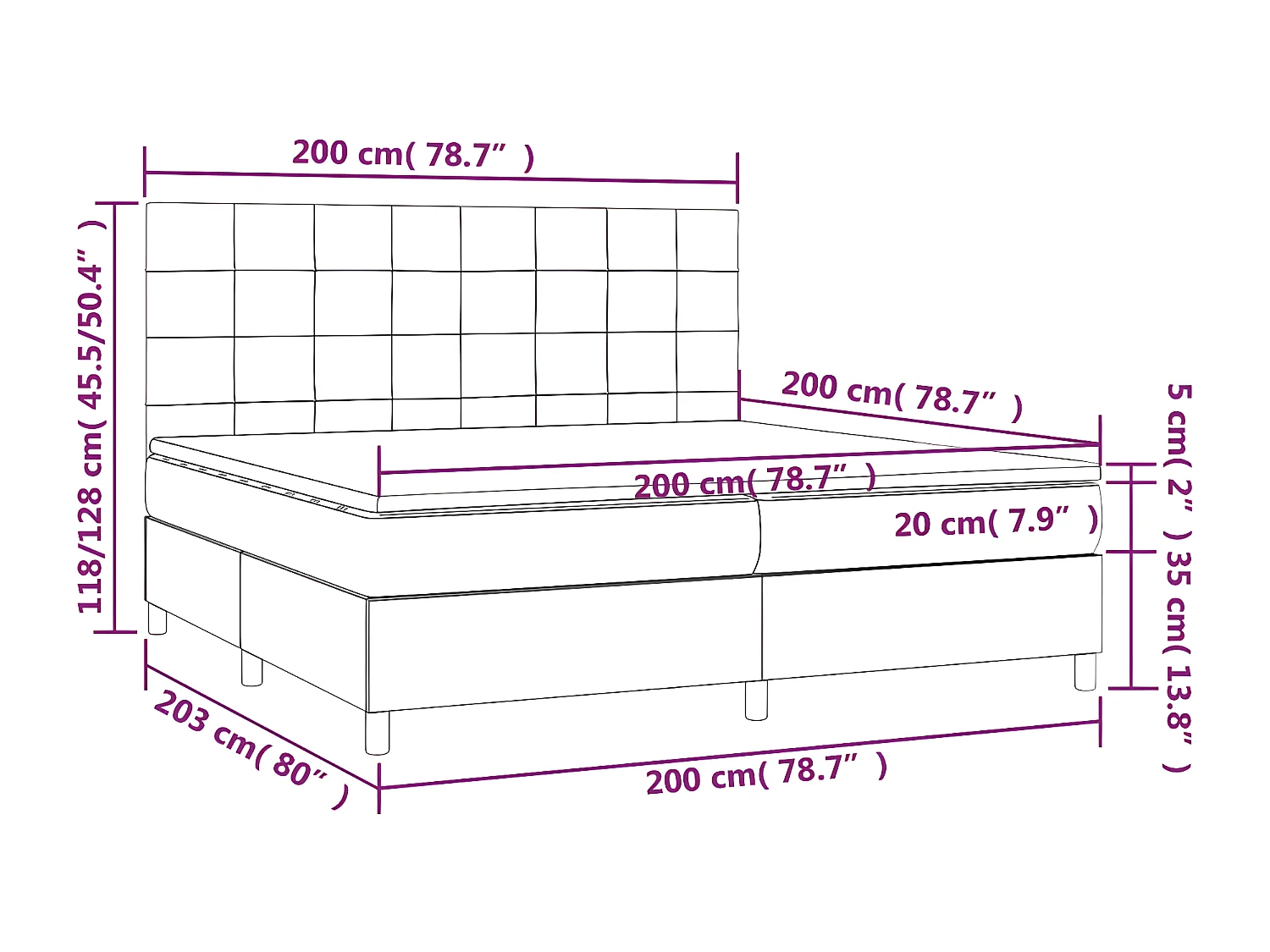 Lit à sommier tapissier matelas et LED Gris foncé 200x200 Velours