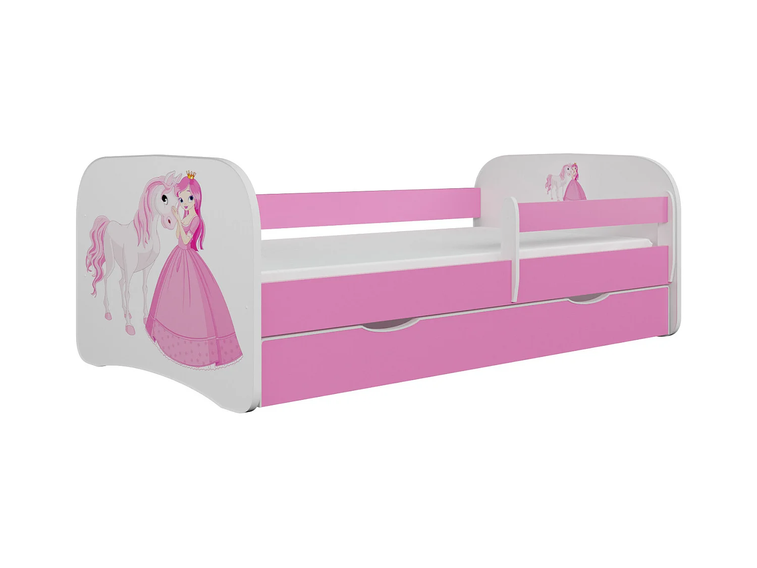 Staand roze prinsessen kinderbed en paard met boxsprings en afneembaar hekwerk Drimy-Zonder matras-Slapen 70x140cm-Laden Met lade