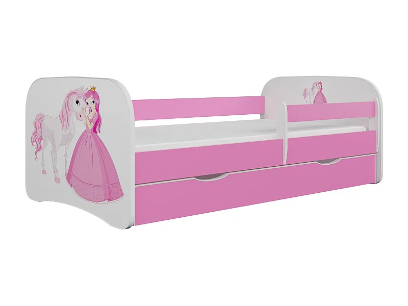 Lit enfant princesse rose debout et cheval avec sommiers et barrière de sécurité amovible Drimy-70x140-Tiroirs Avec tiroir