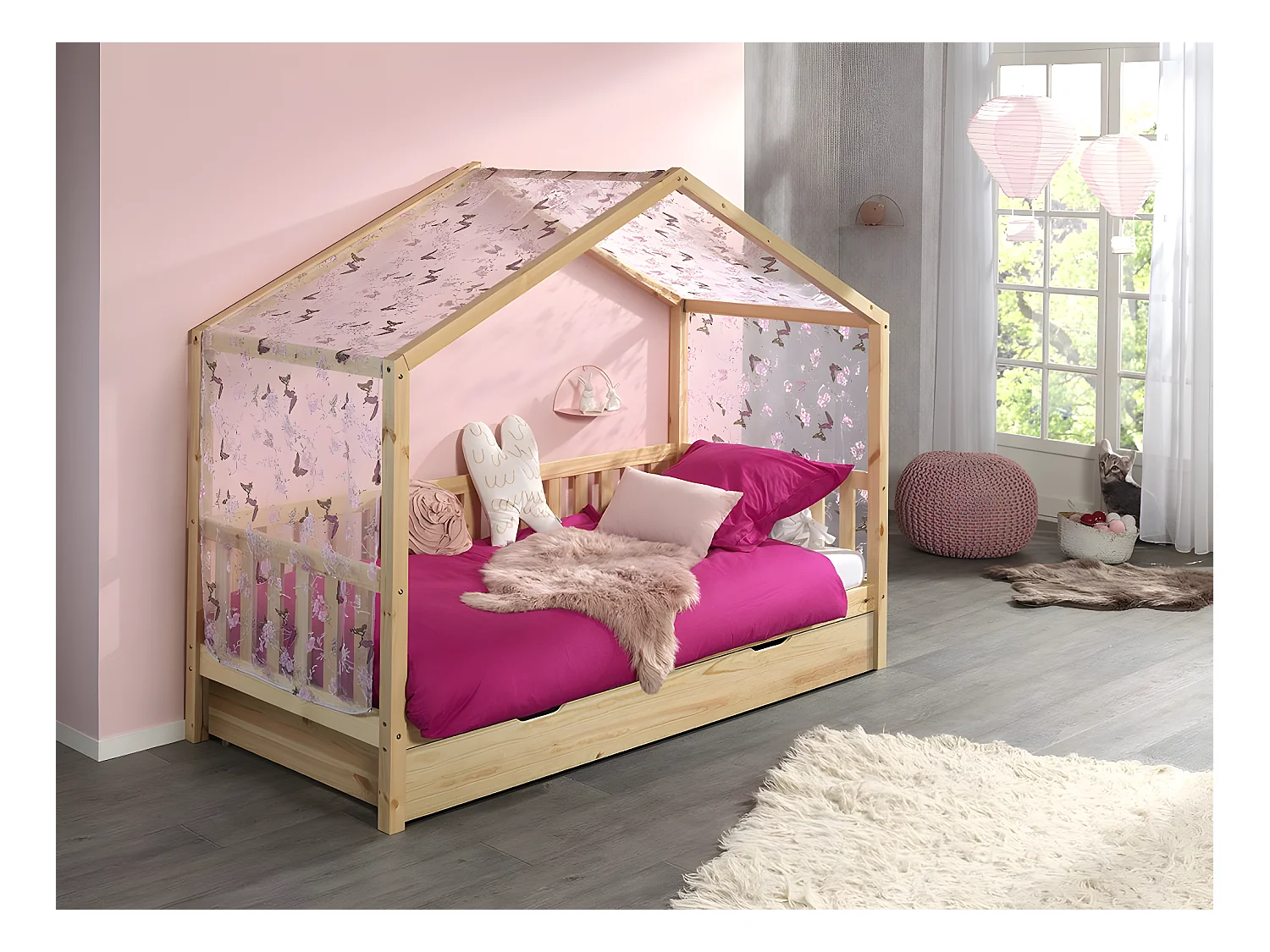 Pack - Lit Enfant, Tiroir & Voile "Dallas II" 90x200cm Naturel