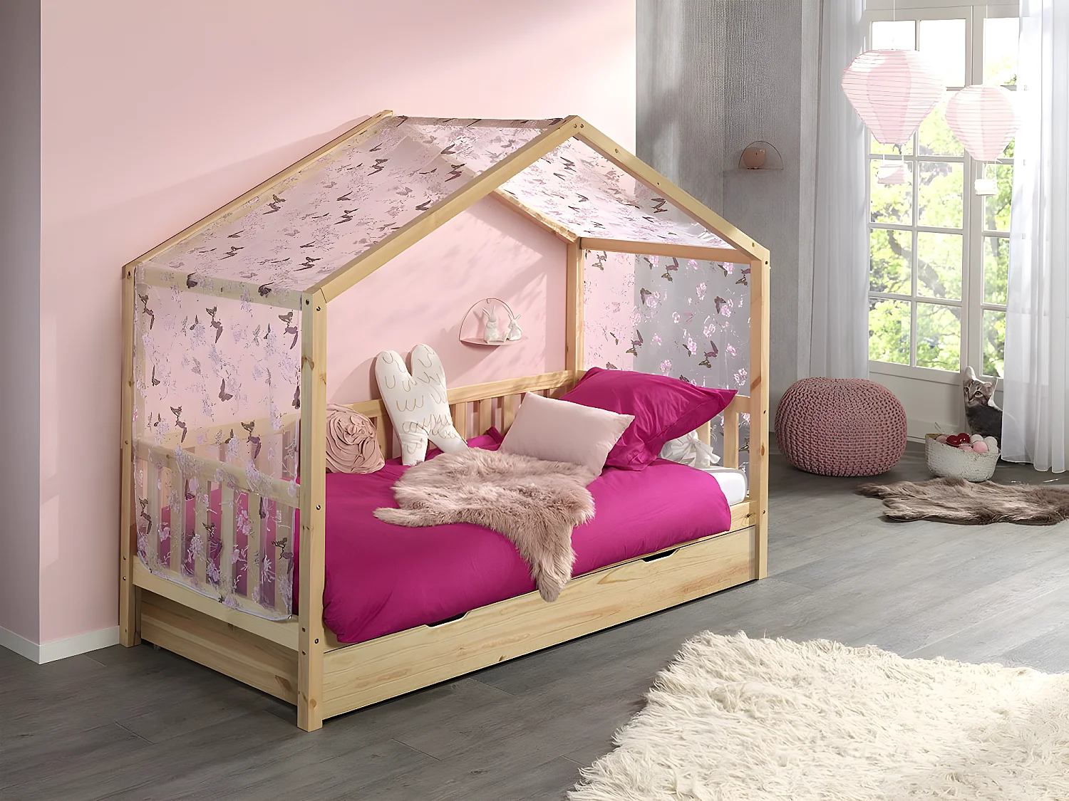 Pack - Lit Enfant, Tiroir & Voile "Dallas II" 90x200cm Naturel