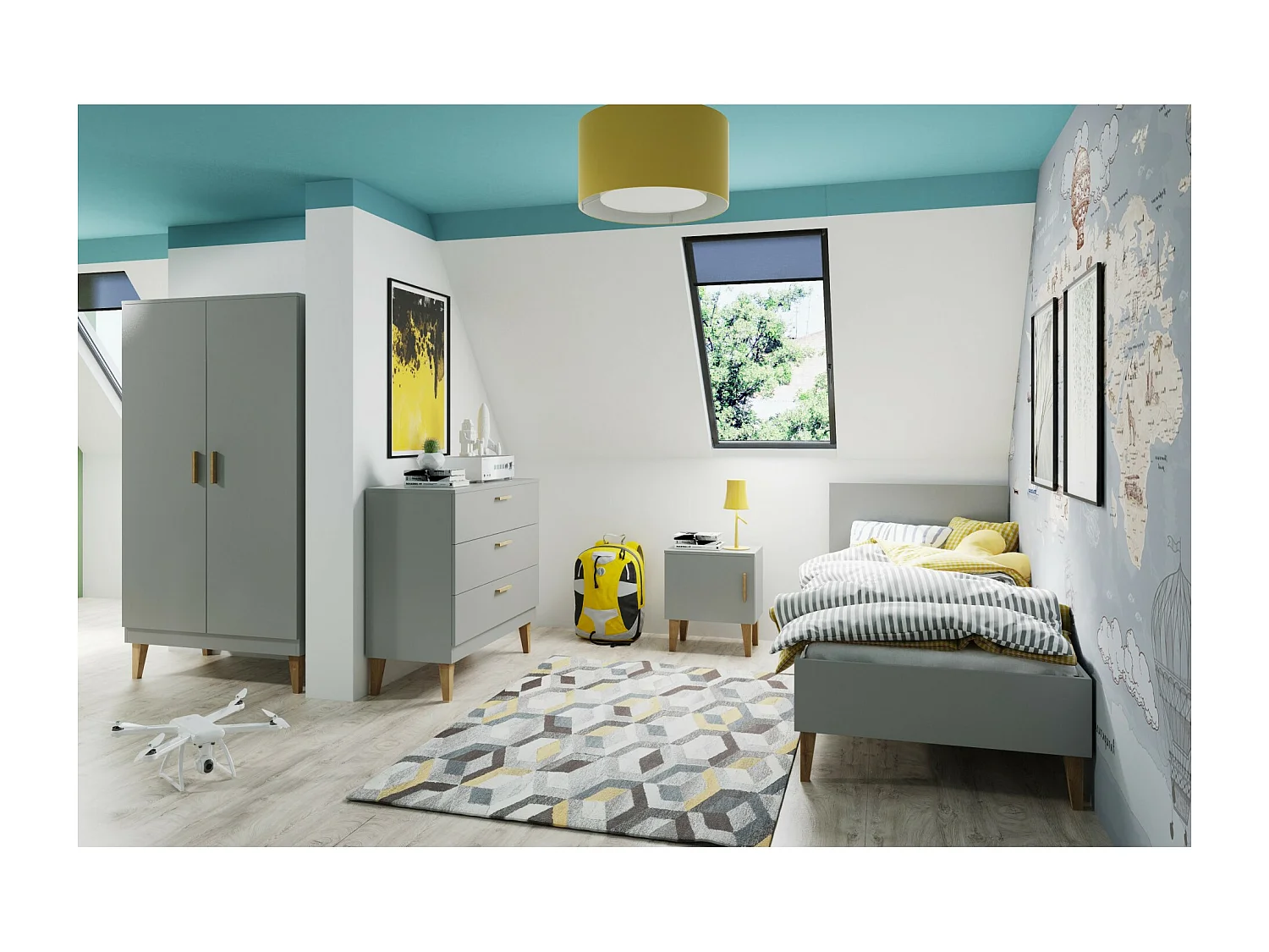 Lit enfant gris avec pieds en bois de chêne Blanka 80x180