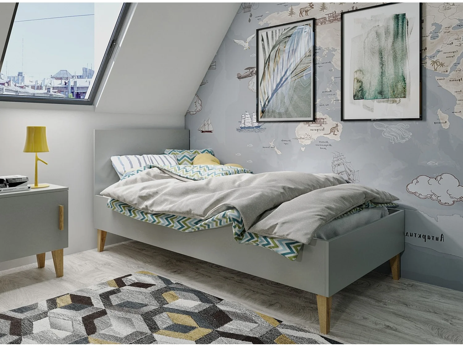 Cama infantil gris con patas de madera de roble Blanka 80x180 cm