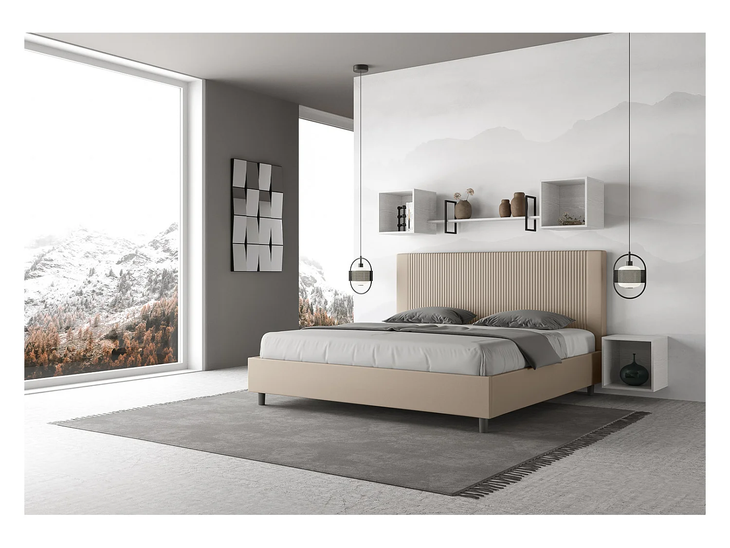 Modern bed met verticaal gestreept hoofdeinde, doorgestikt met kunstleer Bazen-Kleur Beige-Slapen 180x200cm-Keuze Zonder boxspring
