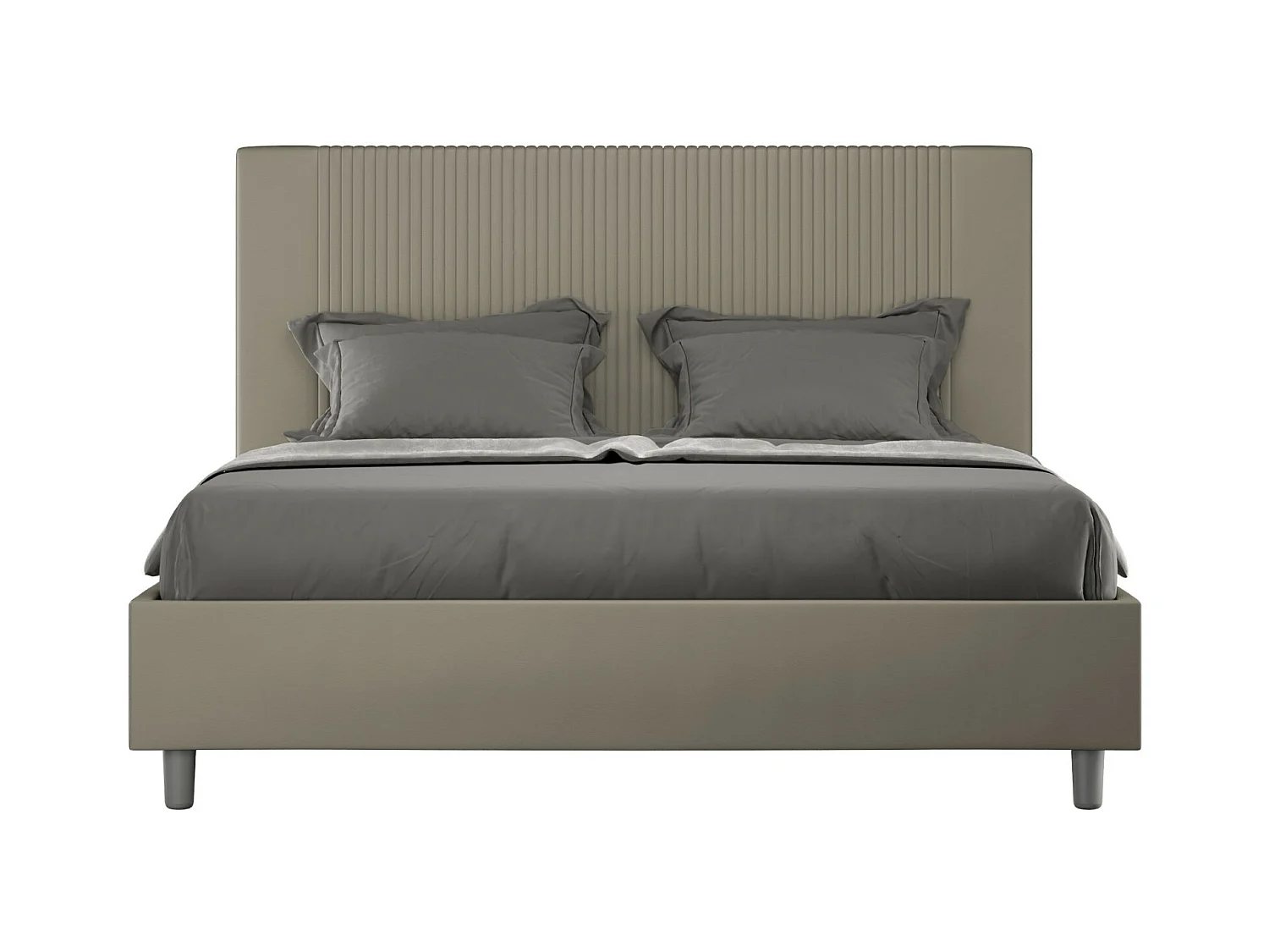 Modern bed met verticaal gestreept hoofdeinde, doorgestikt met kunstleer Bazen-Kleur Beige-Slapen 180x200cm-Keuze Zonder boxspring
