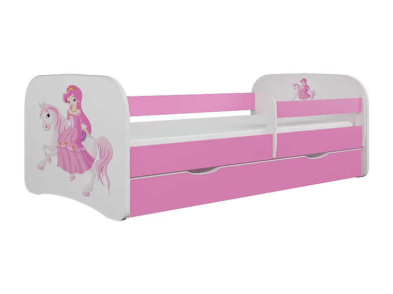 Lit enfant princesse rose à cheval avec sommiers et barrière de sécurité amovible Drimy-Matelas mousse-70x140-Tiroirs Avec tiroir