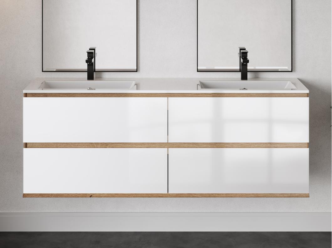 Mueble de baño flotante bajo lavabo - Color natural claro y blanco - 150 cm - SABURI