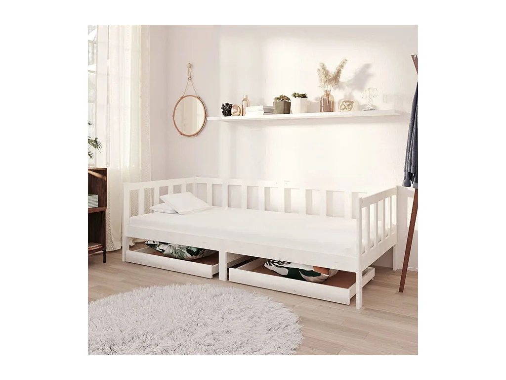 Lit avec tiroirs 90x200 Blanc Bois de pin massif 3