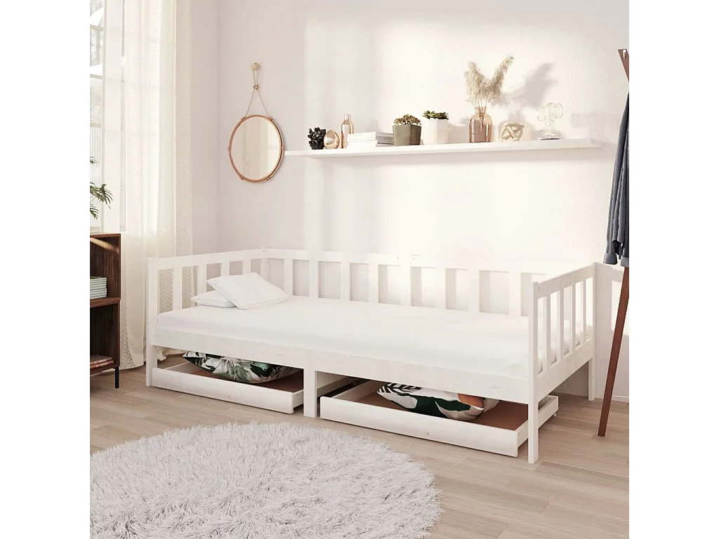 Lit avec tiroirs 90x200 Blanc Bois de pin massif 3