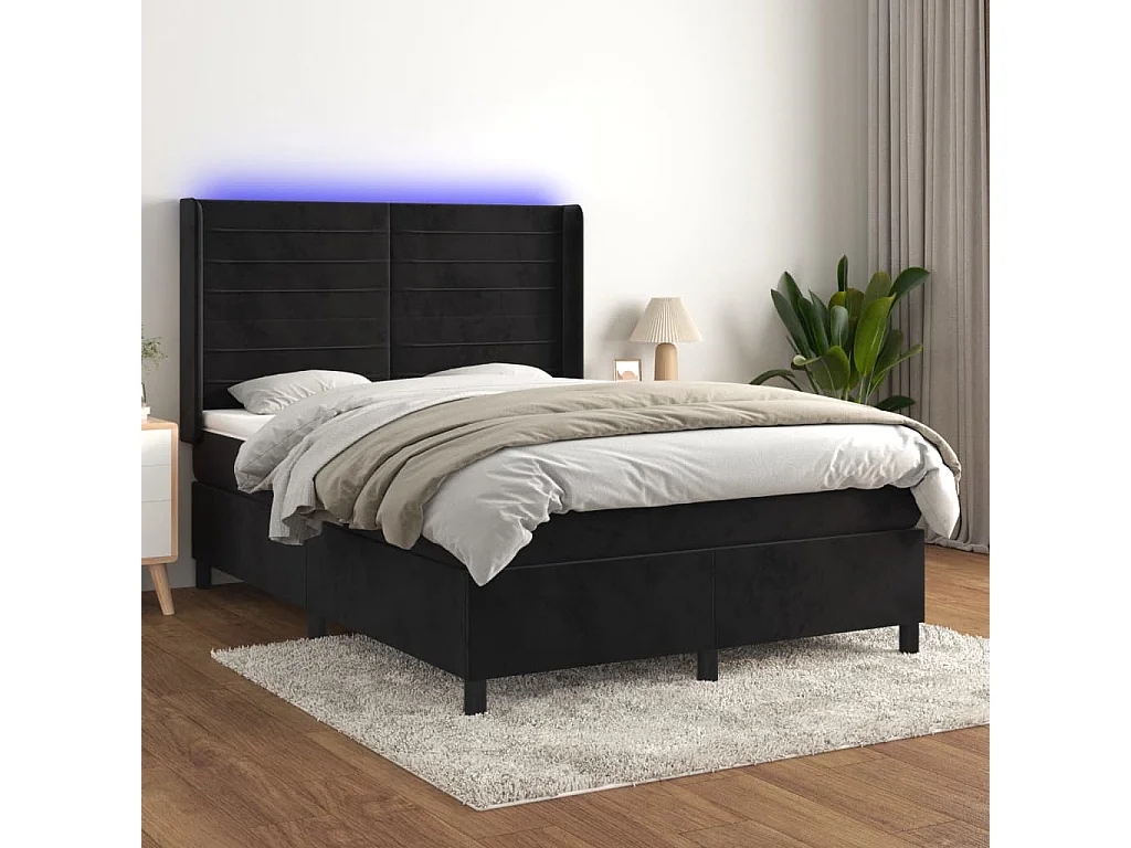 Lit à sommier tapissier avec matelas et LED Noir 140x200 Velours