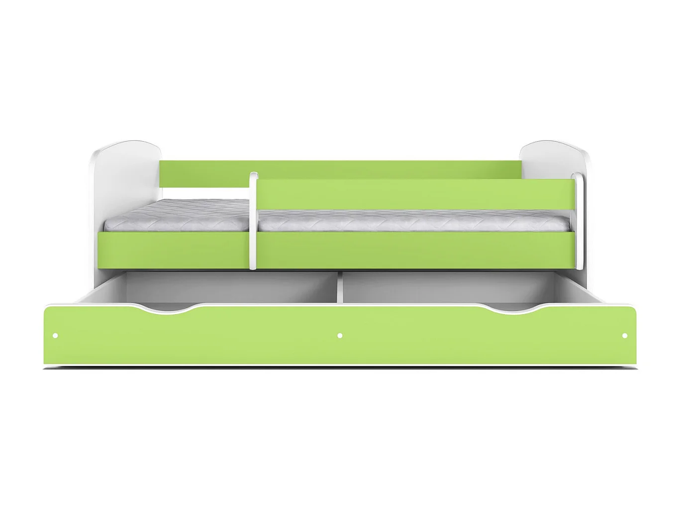Lit enfant vert avec sommiers et barrière de sécurité amovible Drimy-70x140