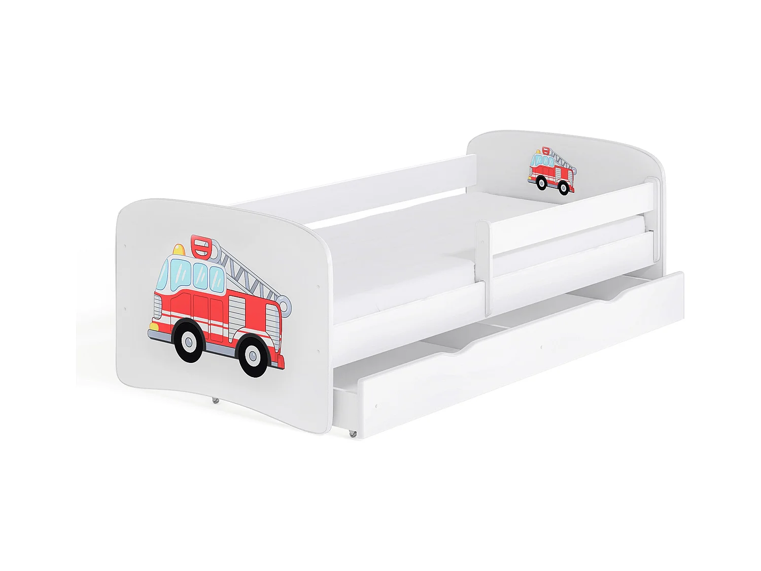 Cama infantil camión de bomberos con somieres y barrera de seguridad extraíble Drimy-Colchones de espuma-Ropa de cama 80x160 cm