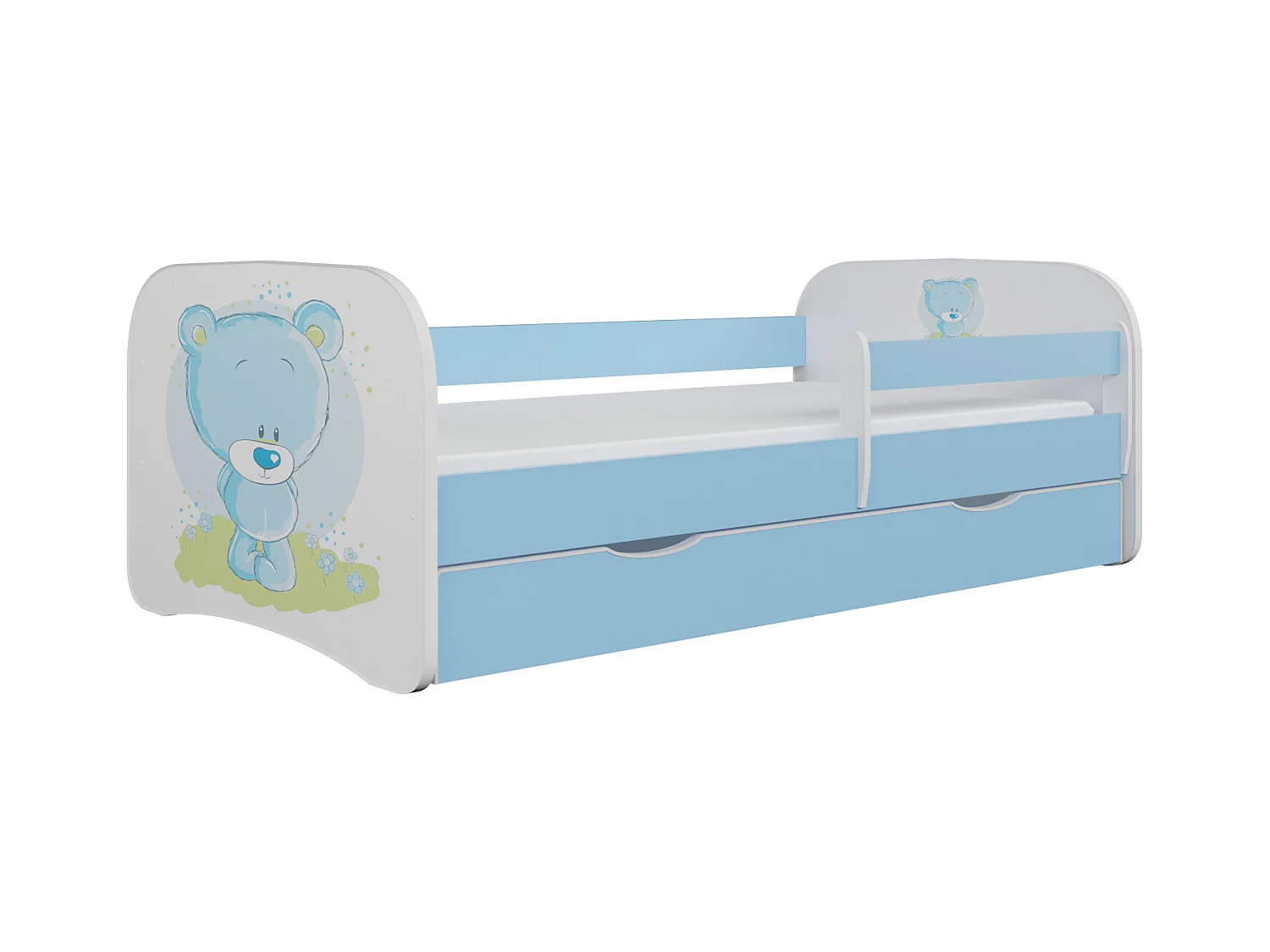 Blauw teddybeer kinderbed met boxsprings en afneembaar veiligheidshek Drimy-Schuim matras-Slapen 80x180cm-Laden Met lade