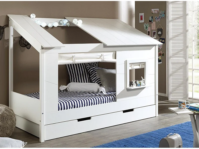 Pack - Lit Cabane Enfant, Rideaux & Tiroir "Housebed II" 90x200cm Blanc