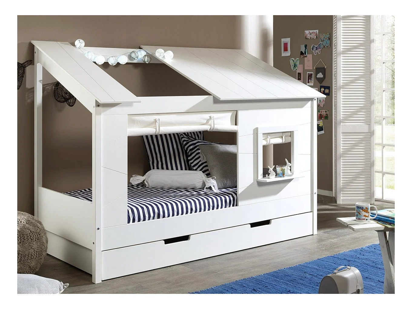 Pack - Lit Cabane Enfant, Rideaux & Tiroir "Housebed II" 90x200cm Blanc