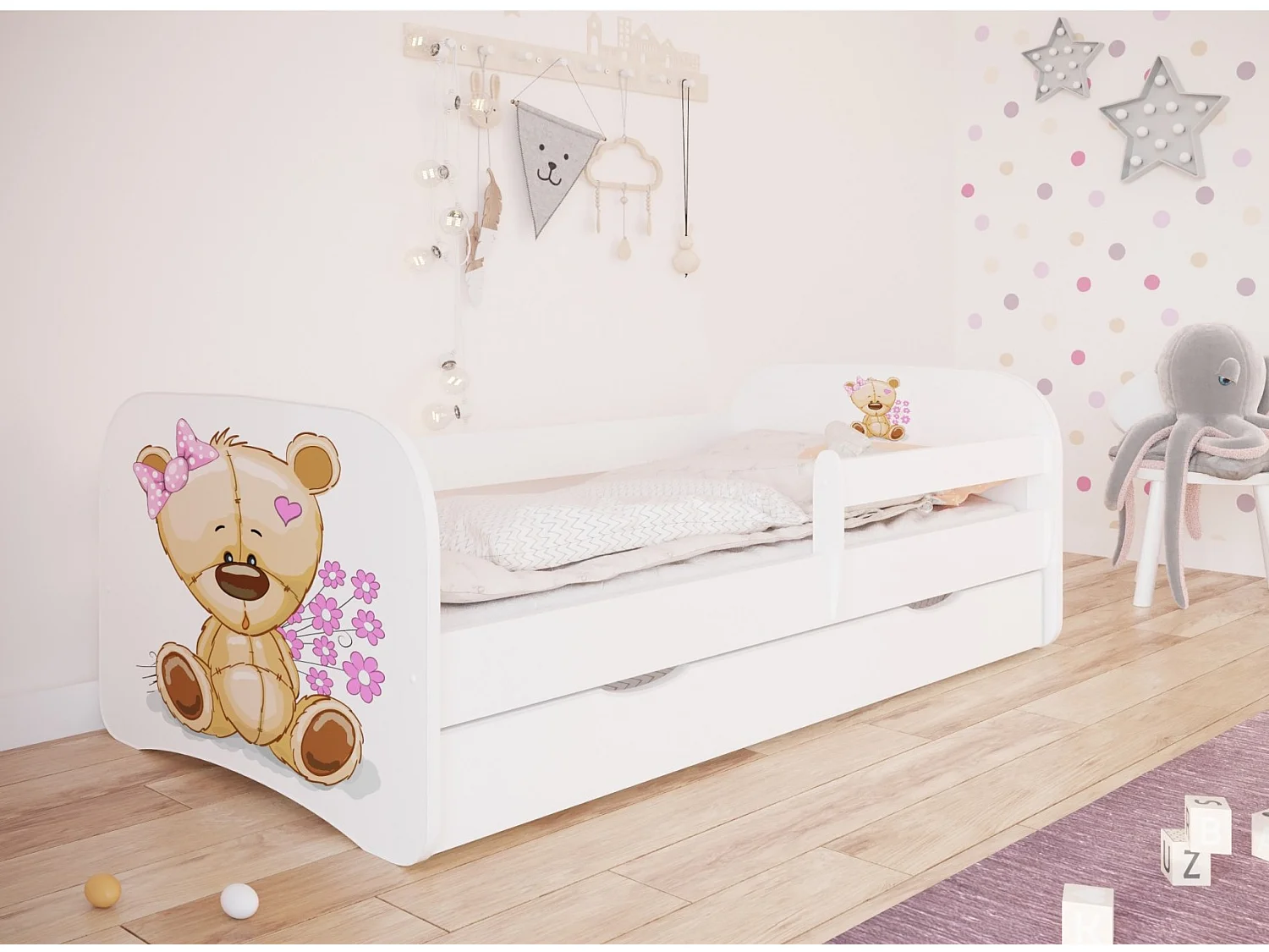 Lit enfant blanc ourson et fleurs avec sommiers et barrière de sécurité amovible Drimy-Matelas mousse-70x140