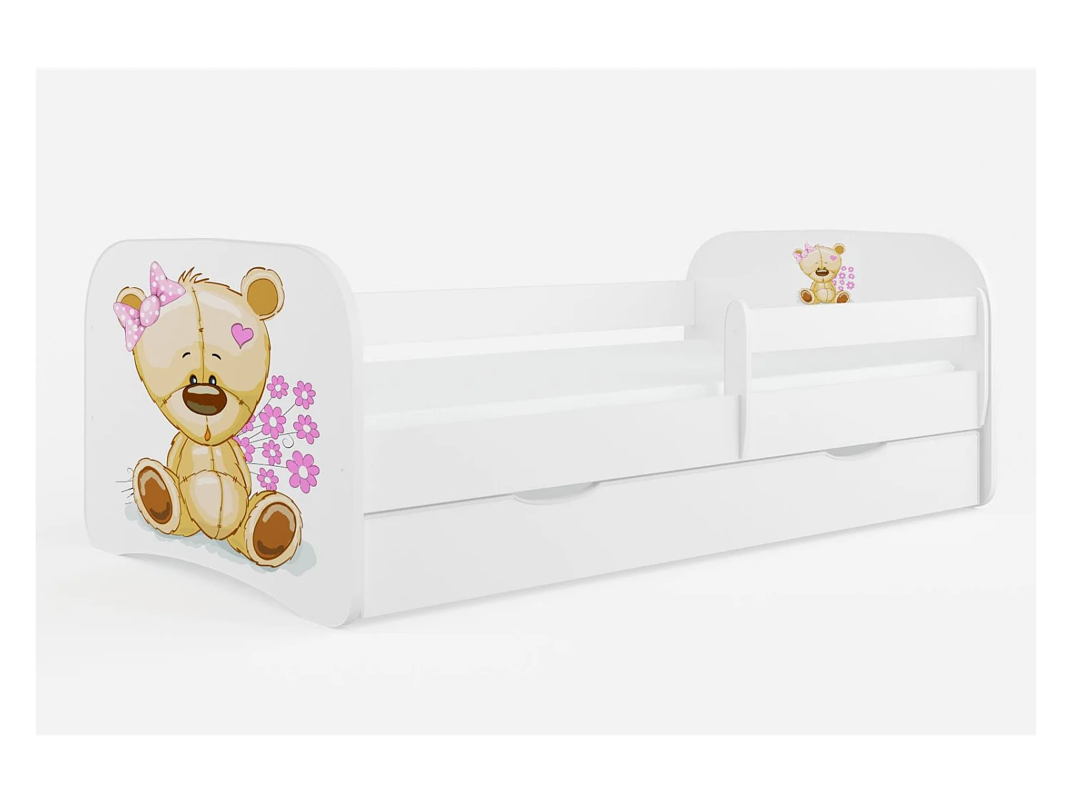 Cama infantil con osito y flores blanca con somieres y barrera de seguridad extraíble Drimy-Colchones de espuma-Ropa de cama 70x140 cm