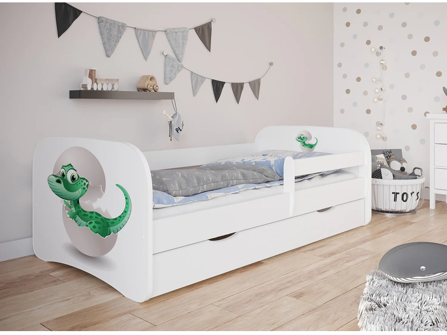 Cama infantil pequeña dinosaurio con somieres y barrera de seguridad extraíble Drimy-Ropa de cama 80x160 cm-Cajones Con cajón