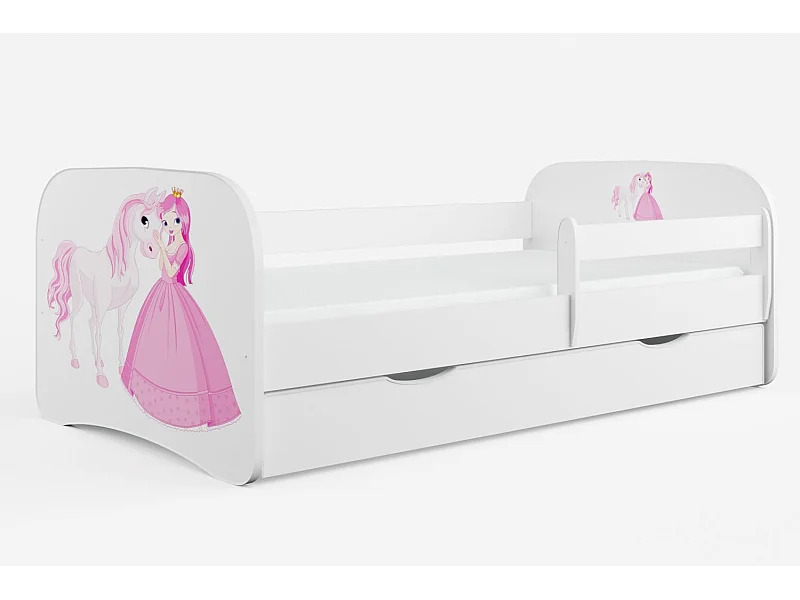 Lit enfant princesse debout et cheval avec sommiers et barrière de sécurité amovible Drimy-Matelas mousse-70x140