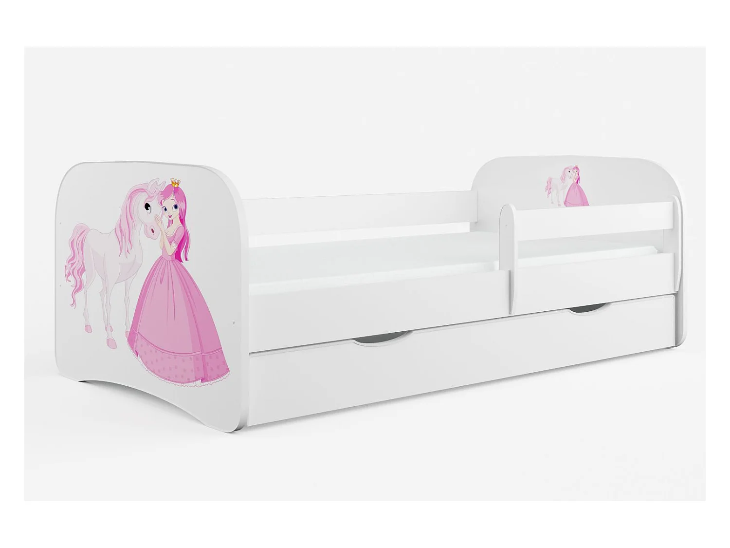 Cama infantil de pie princesa y caballo con somieres y barrera de seguridad extraíble Drimy-Colchones de espuma-Ropa de cama 70x140 cm