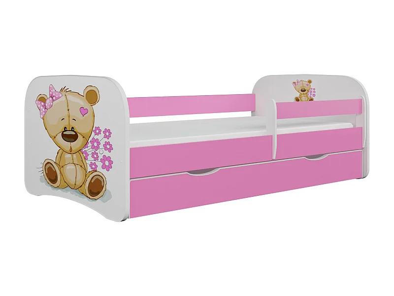 Roze teddybeer en bloemen kinderbedje met boxsprings en afneembaar veiligheidshekje Drimy-Zonder matras-Slapen 70x140cm-Laden Met lade