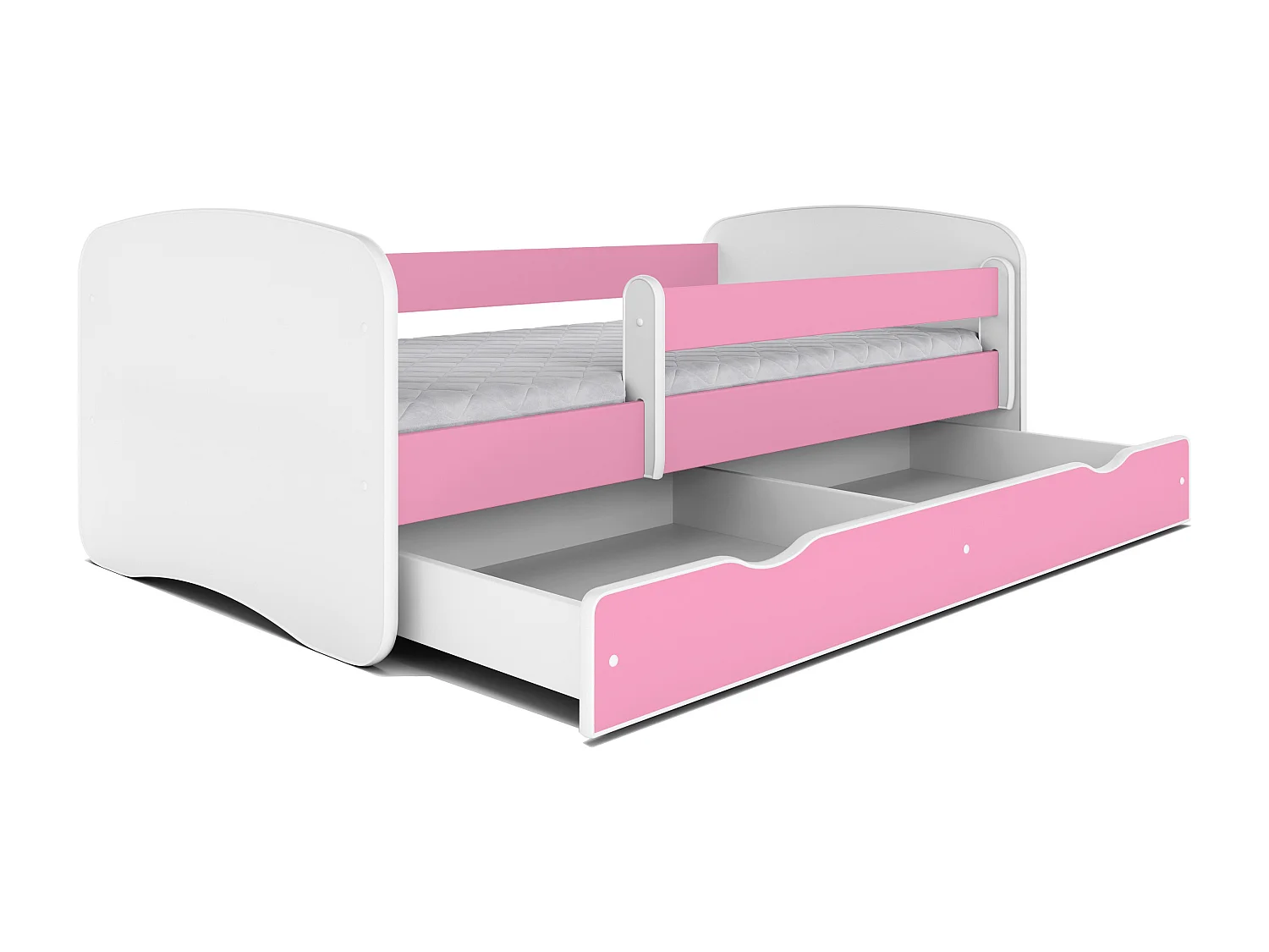 Lit enfant rose avec sommiers et barrière de sécurité amovible Drimy-Matelas mousse-80x160