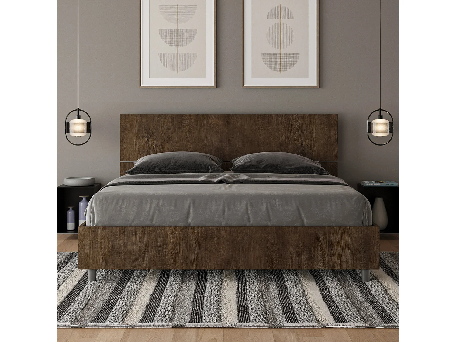 Lit avec sommier 160x200 tête de lit droite noyer Demas