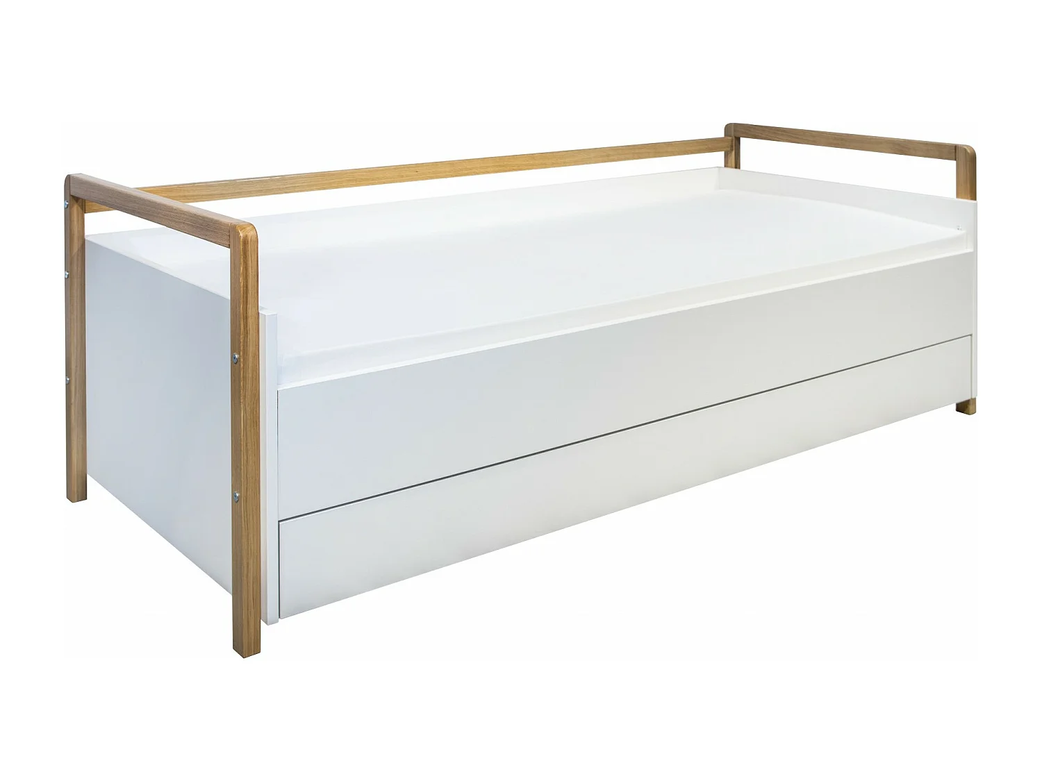 Lit banquette scandinave avec tiroirs blanc et bois de chêne vernis Vanika 80x180-Matelas mousse
