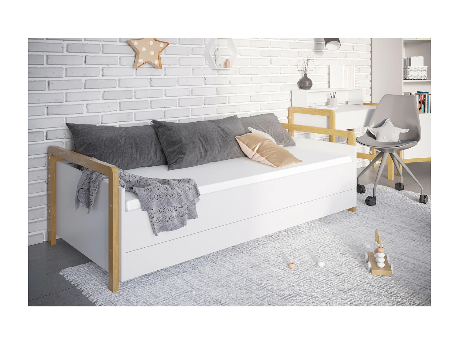 Lit banquette scandinave avec tiroirs blanc et bois de chêne vernis Vanika 80x180-Matelas mousse