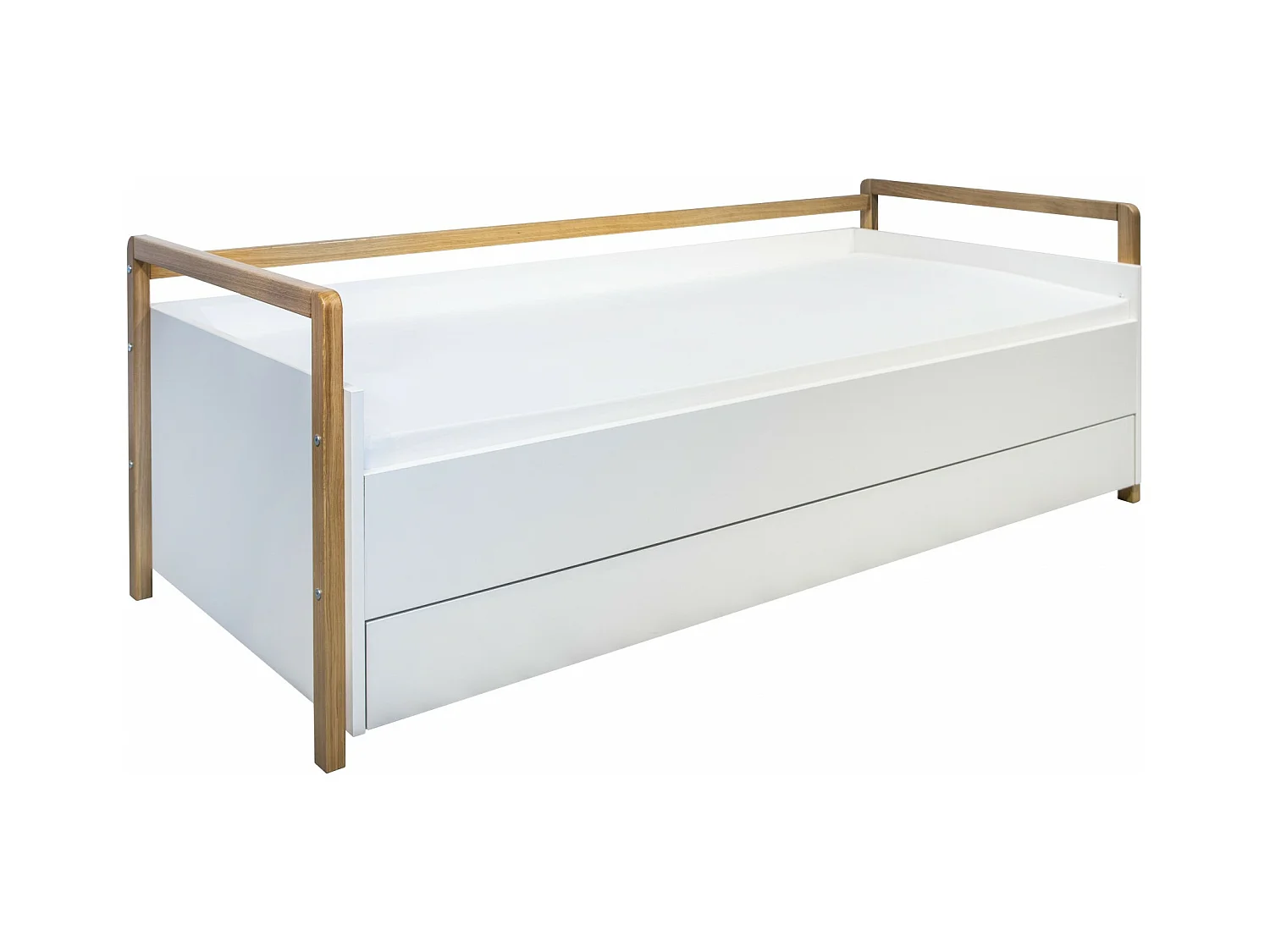 Sofá cama escandinavo con cajones blancos y madera de roble barnizado Vanika 80x180 cm-Colchones de espuma
