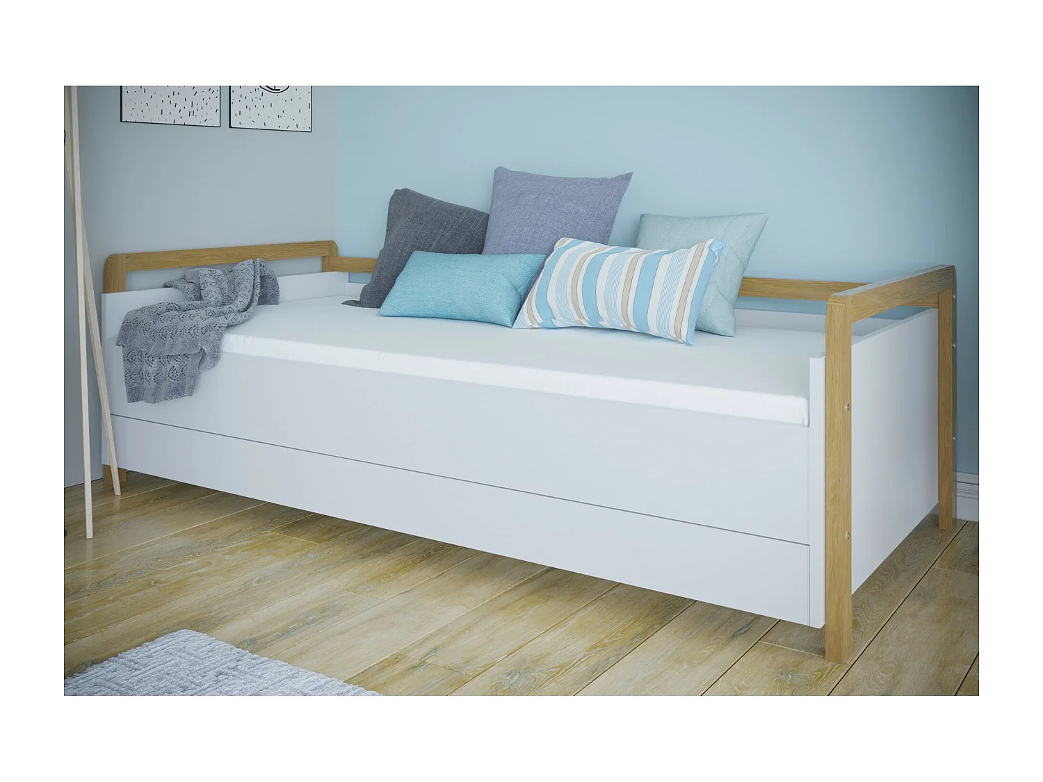 Lit banquette scandinave avec tiroirs blanc et bois de chêne vernis Vanika 80x180-Matelas mousse