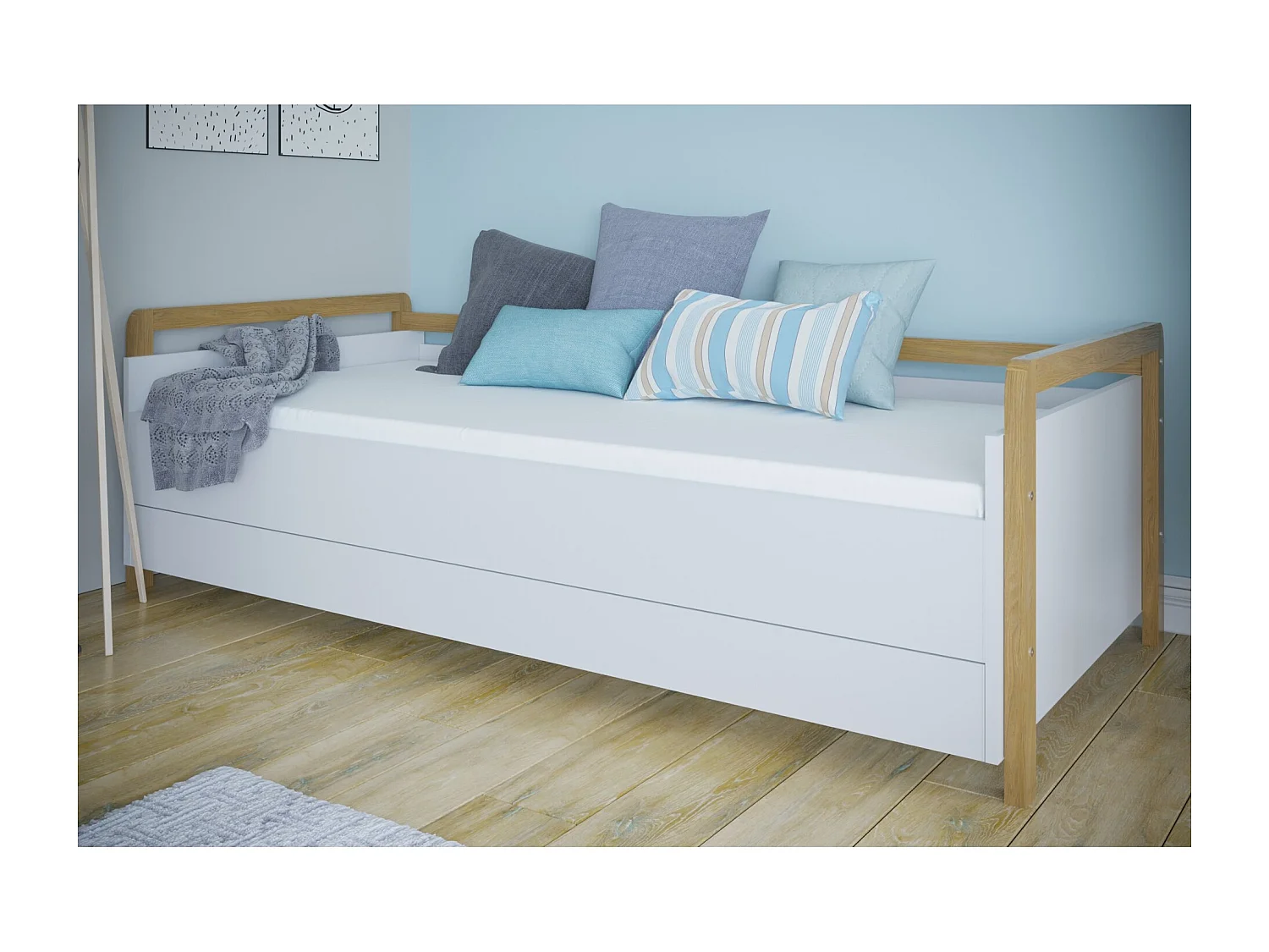 Lit banquette scandinave avec tiroirs blanc et bois de chêne vernis Vanika 80x180-Matelas mousse